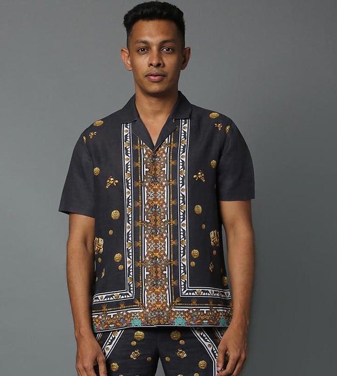 house of three mural hawaian shirt - linen black