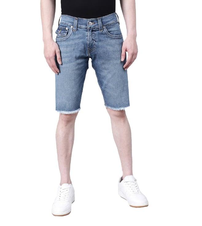 true religion blue ricky sn flap fray hem straight fit shorts