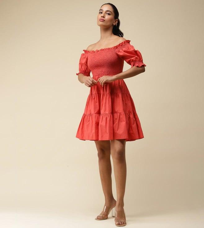 label ritu kumar red off shoulder short dress