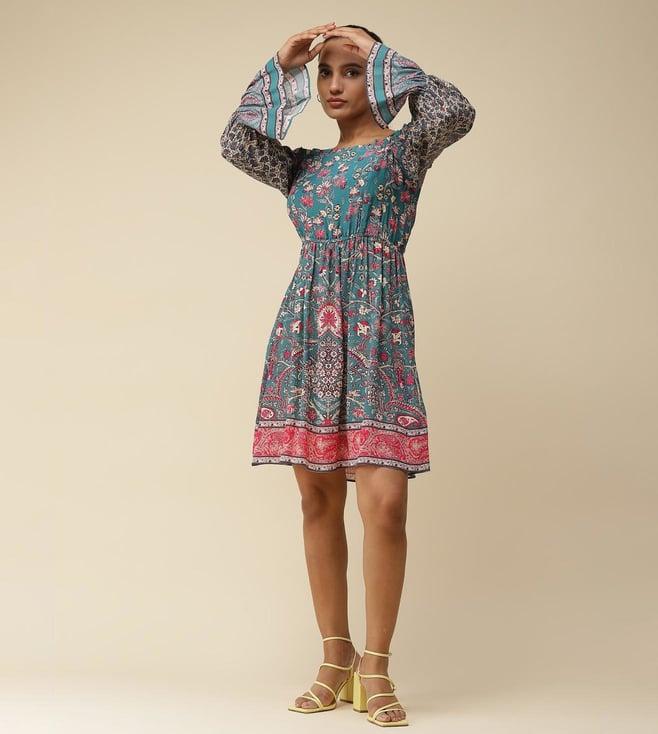 label ritu kumar teal floral print off shoulder short dress