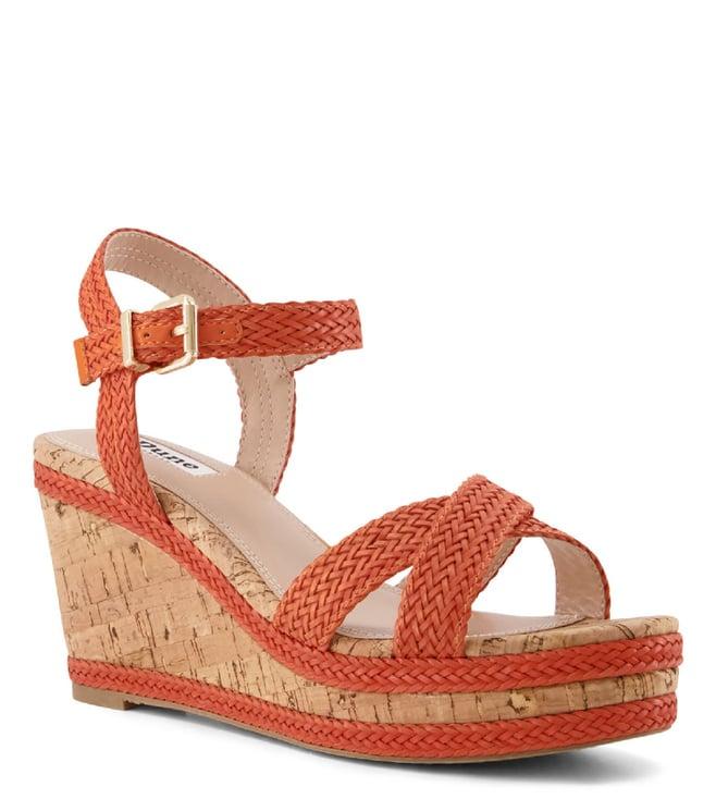 dune london women's kelisa woven orange ankle strap wedges