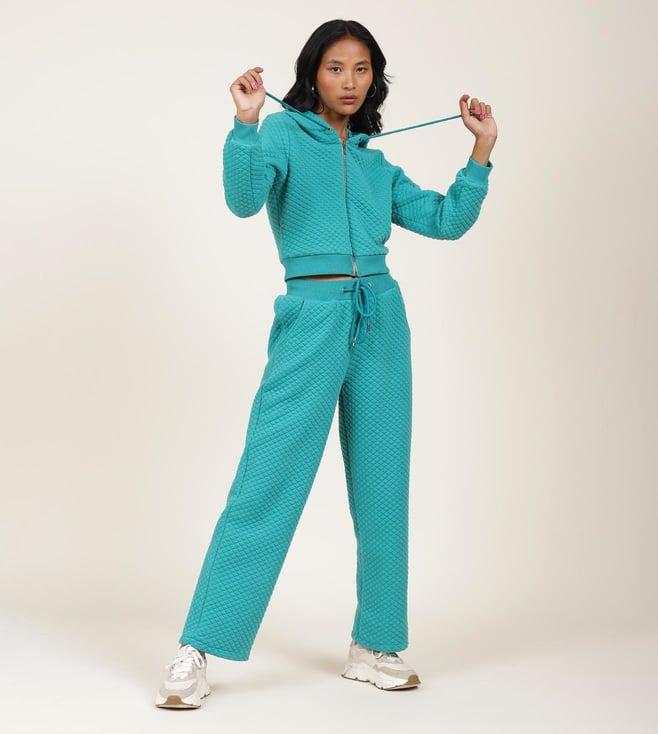 label ritu kumar teal quilted jacket with joggers pant set