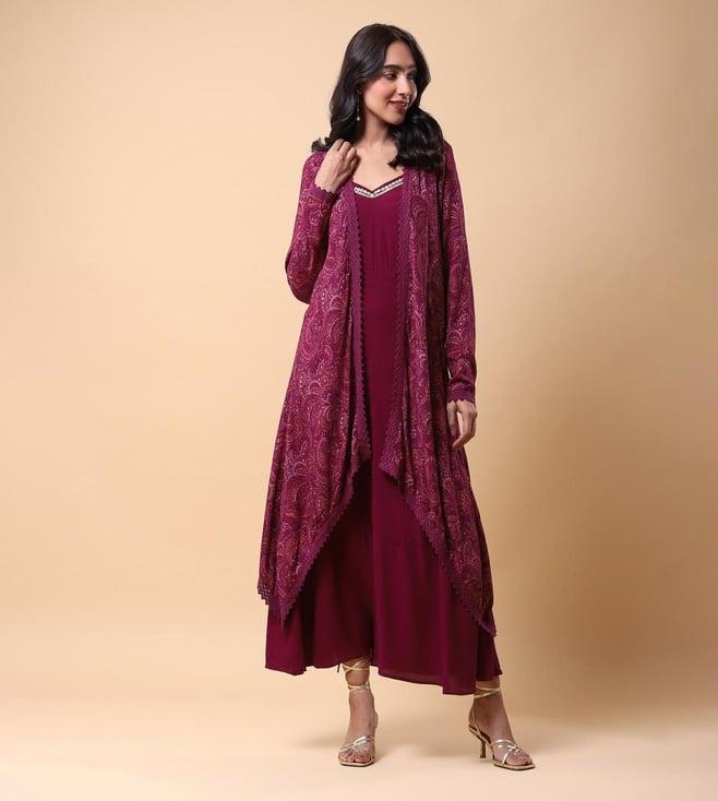 aarke ritu kumar plum dress with printed shrug