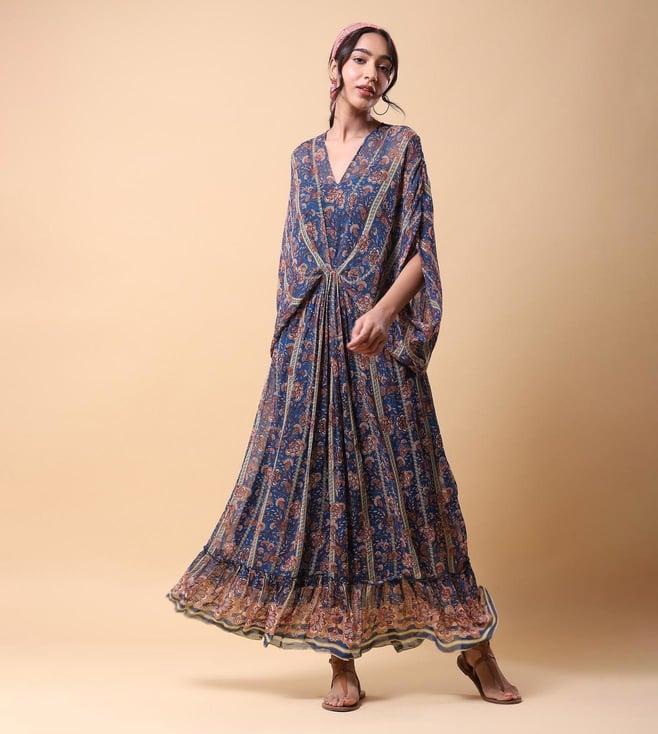 aarke ritu kumar teal blue floral print kaftan dress with inner