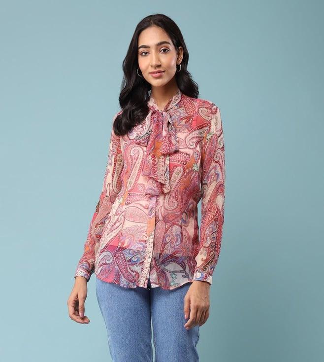 aarke ritu kumar beige & pink paisley print tie-up shirt with inner