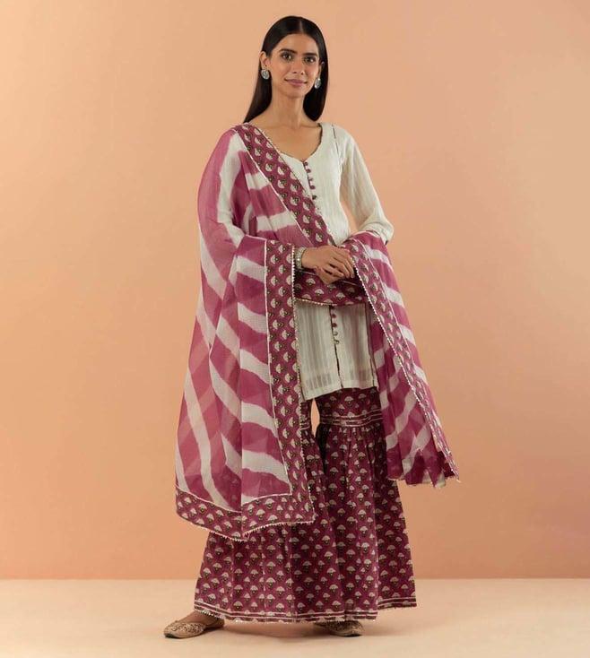 makaan.51 pink & off white saanjh gulab leheriya kota cotton dupatta