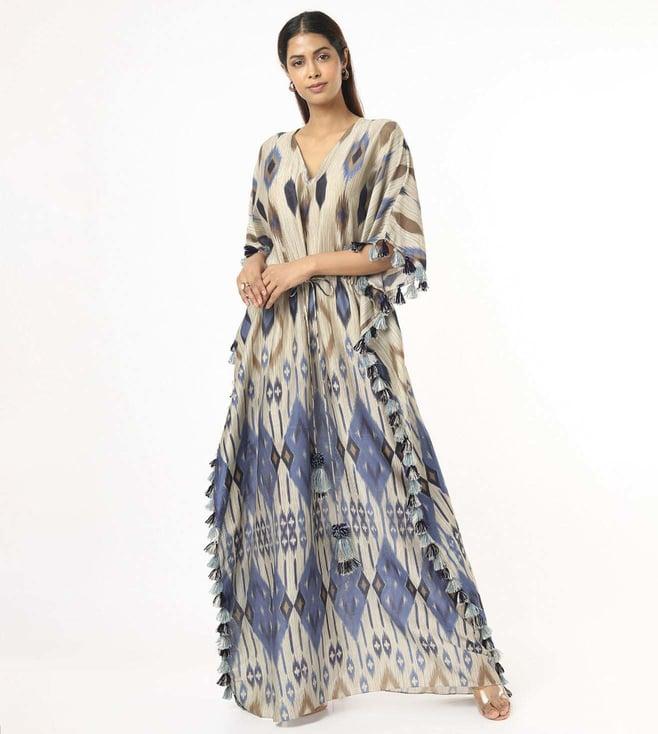 ps pret by payal singhal blue tribe print silkmul kaftan with tassels