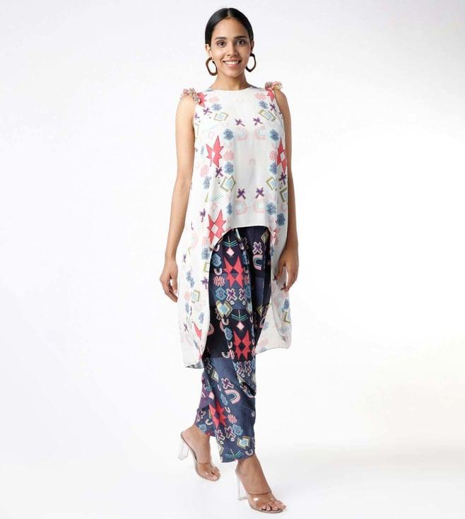 ps pret by payal singhal white small ikat star top worn with purple small ikat star low crotch pants