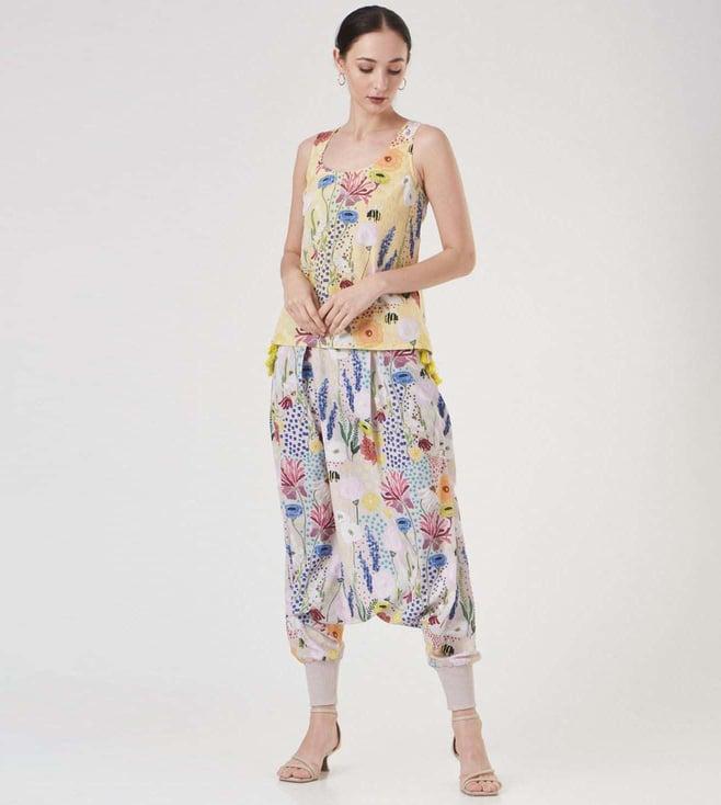 ps pret by payal singhal yellow bee garden art crepe top with stone bee garden low crotch pants