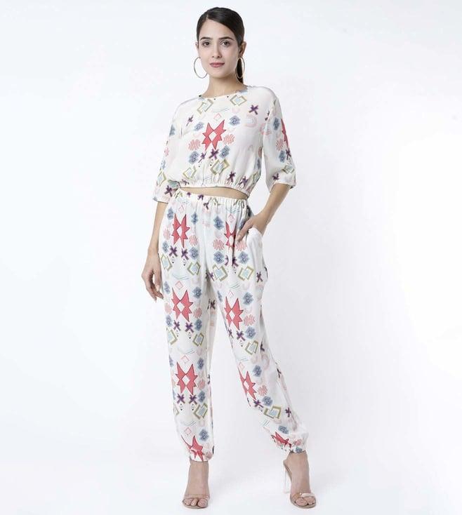 ps pret by payal singhal white ikat star small print crepe top with jogger pants