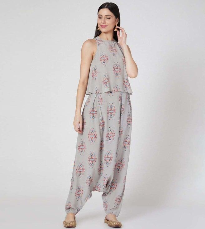 ps pret by payal singhal grey ikat buti print crepe top and low crotch pants