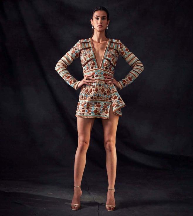 nikita mhaisalkar off-white short dress with rafia & metallic wire embroidery