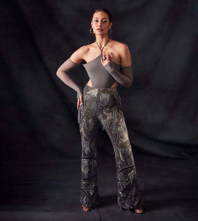 nikita mhaisalkar grey pants with oxidised gun metal embroidery