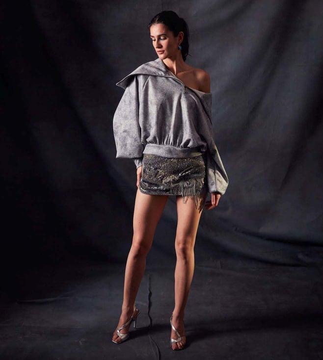 nikita mhaisalkar grey short skirt with oxidised gun metal embroidery