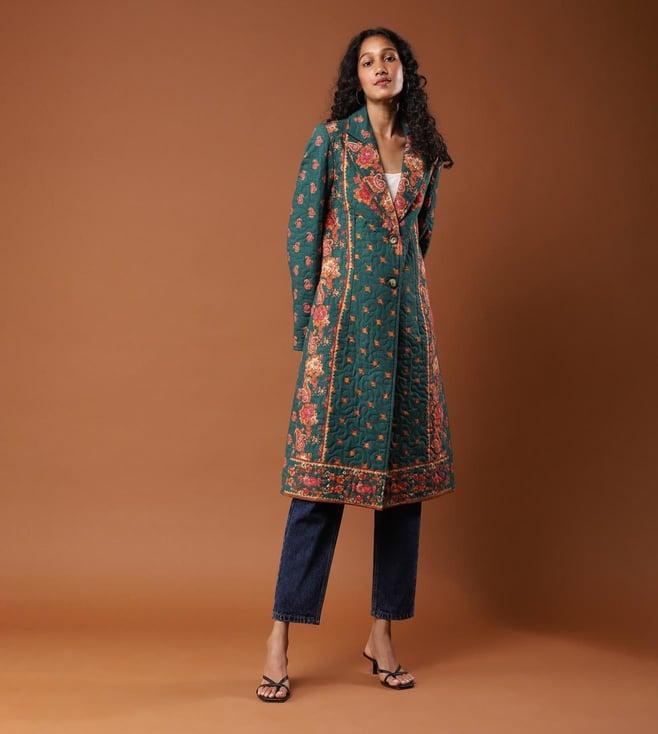 aarke ritu kumar green floral print coat