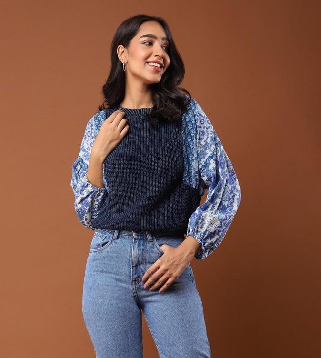 aarke ritu kumar blue cable knit sweater