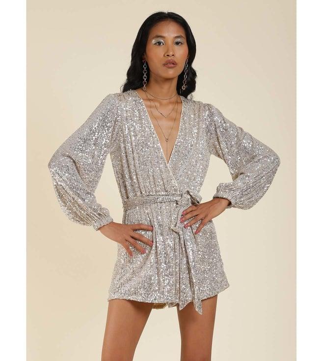 label ritu kumar metallic silver sequin jumpsuit with belt