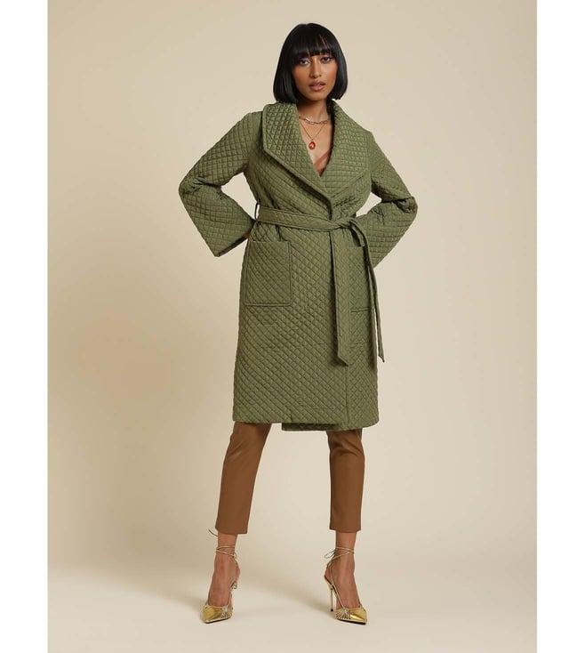 label ritu kumar olive green quilted trench coat with belt