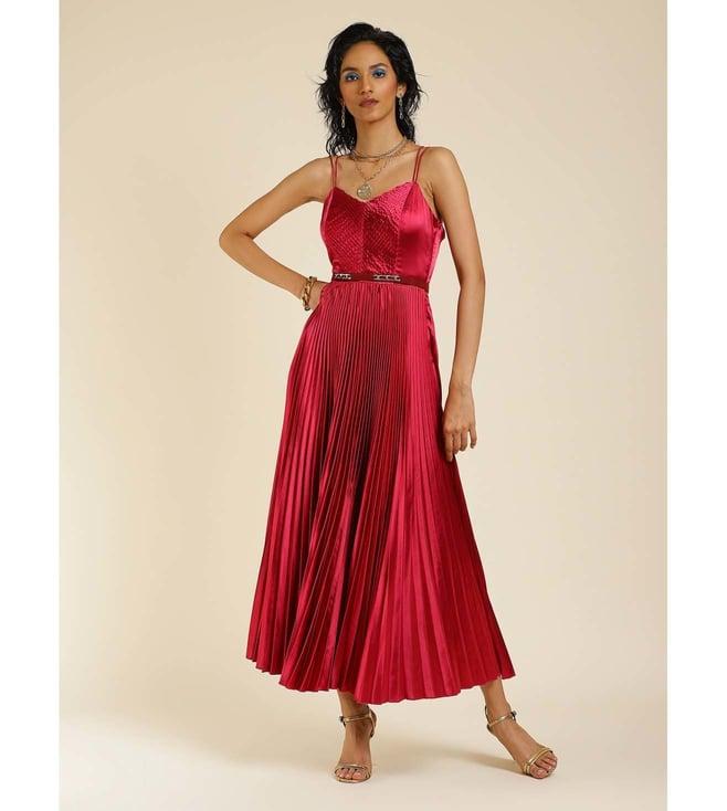 label ritu kumar plum strappy solid pleated long dress