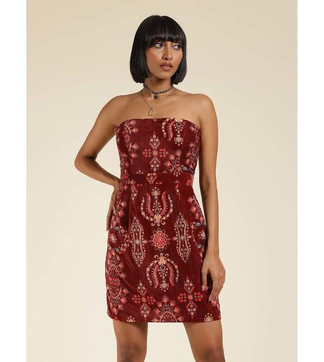 label ritu kumar wine printed off shoulder short dress