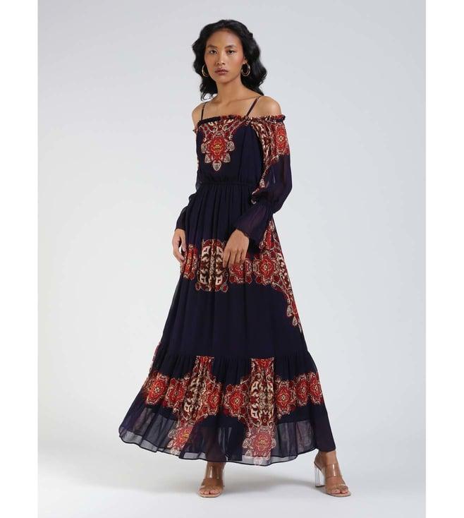 label ritu kumar navy printed off shoulder long dress dress