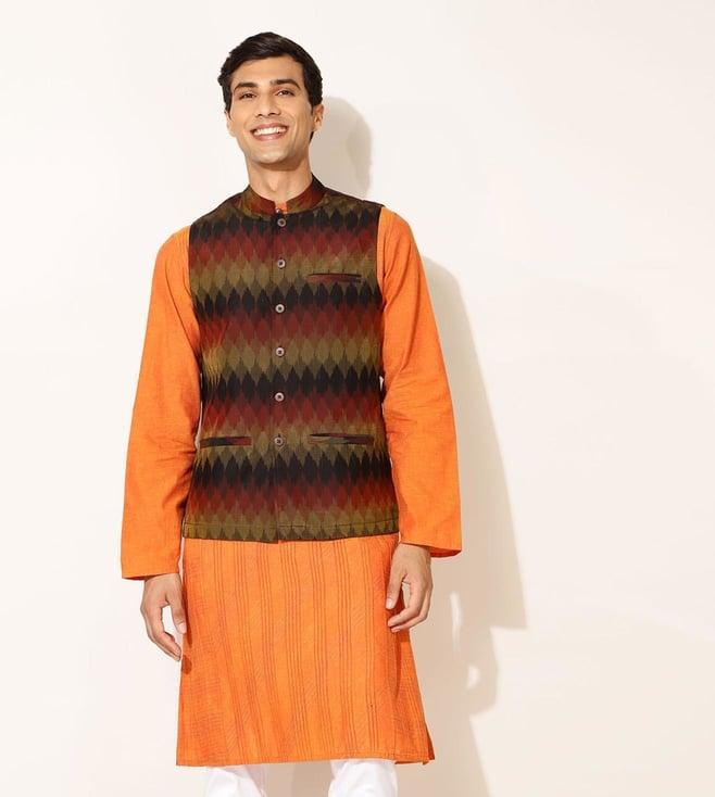 fabindia multicolor cotton silk woven nehru jacket