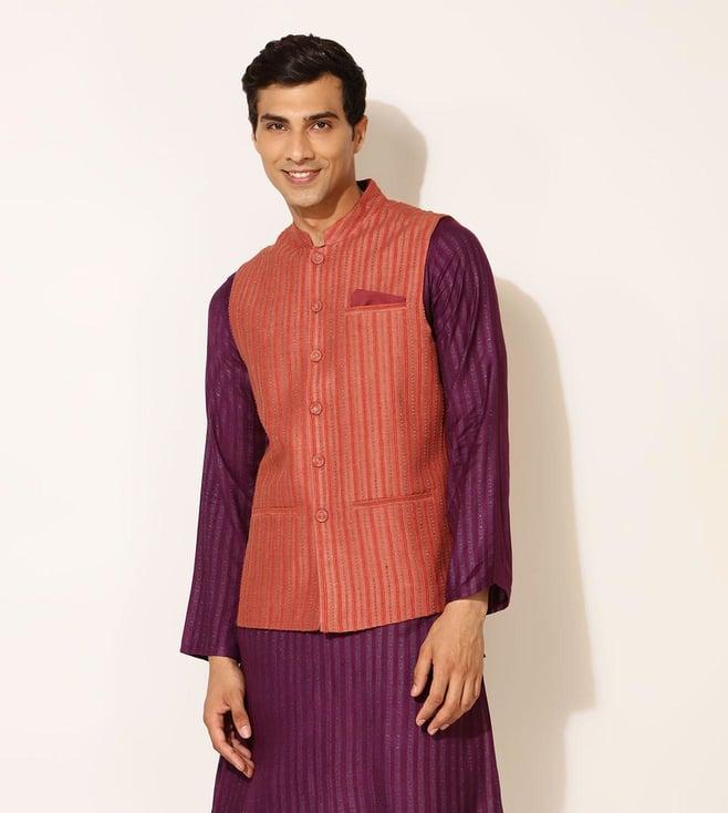 fabindia orange silk blend embroidered nehru jacket