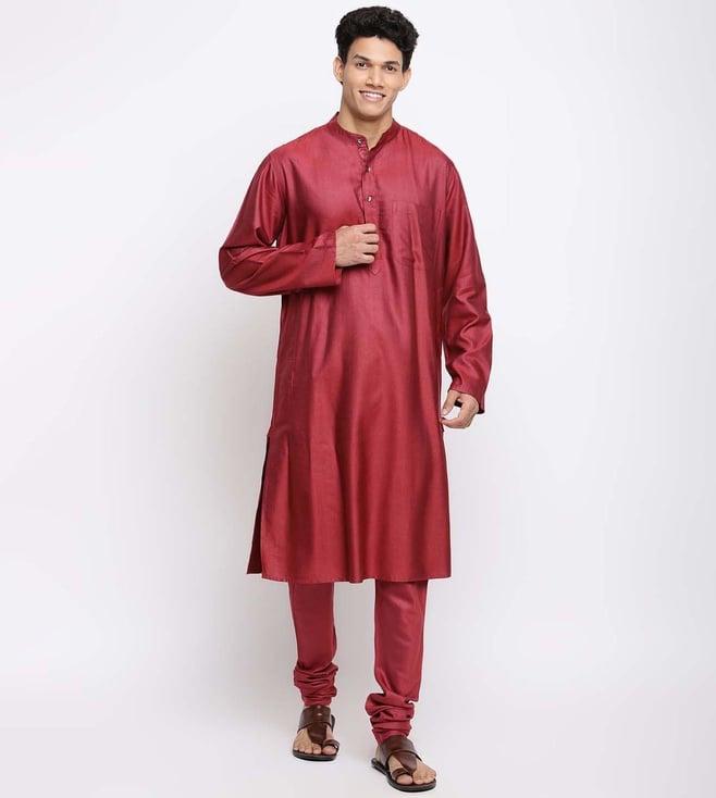 fabindia maroon viscose silk solid long kurta with pant