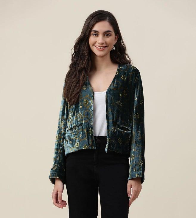 fabindia green viscose blend floral jacket