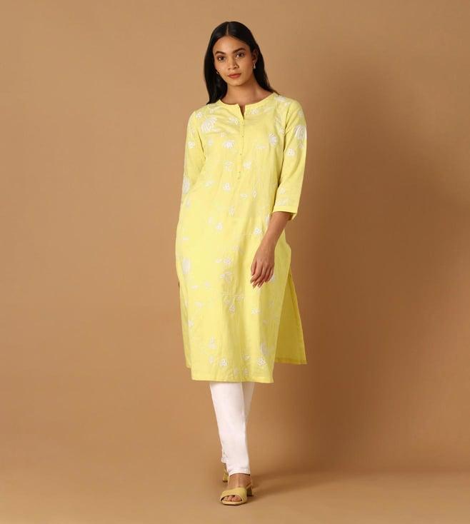 taneira light yellow linen applique kurta