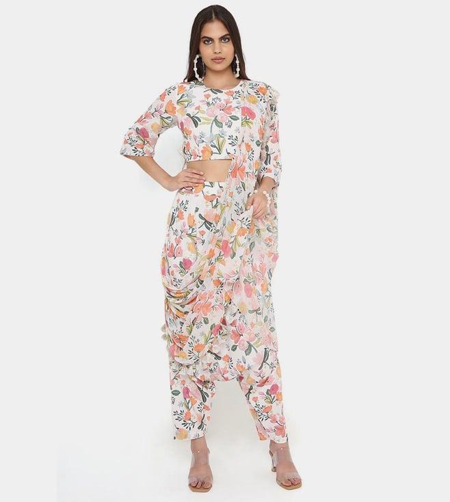 ps pret by payal singhal ivory hand painted print art crepe top and low crotch pants with drape