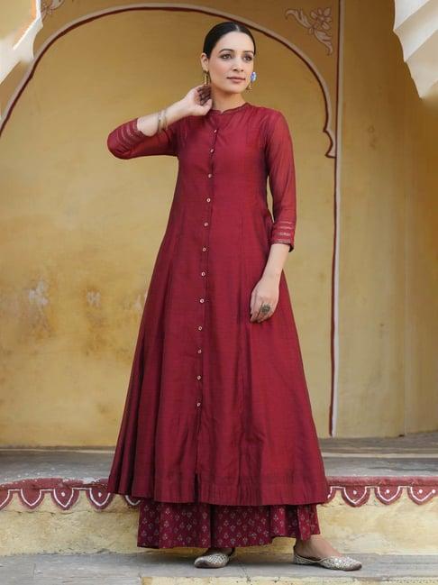 juniper maroon solid chanderi kalidar a-line women kurta with buttons