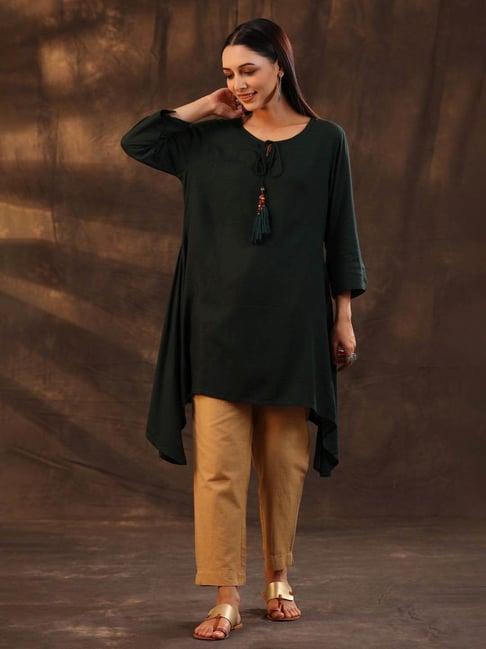 juniper jade green solid rayon slub asymmetric women kurta with tie-ups