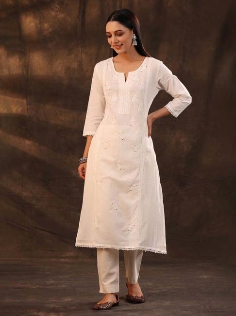 juniper white ethnic motif printed cotton voile straight women kurta with thread work embroidery