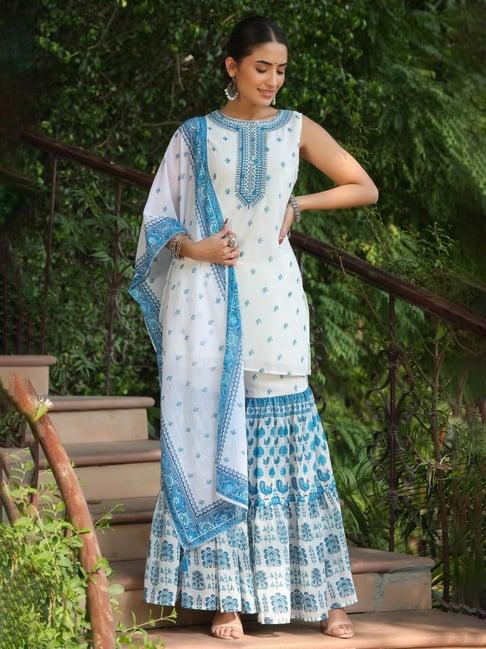 juniper blue ethnic motif printed georgette kurta sharara & dupatta set with thread work embroidery