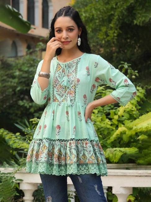 juniper pista green floral printed pure cotton peplum tunic with lace