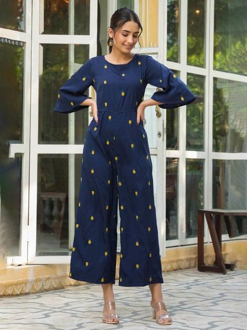 juniper dark blue quirky printed poly crepe jumpsuit with thread work embroidery