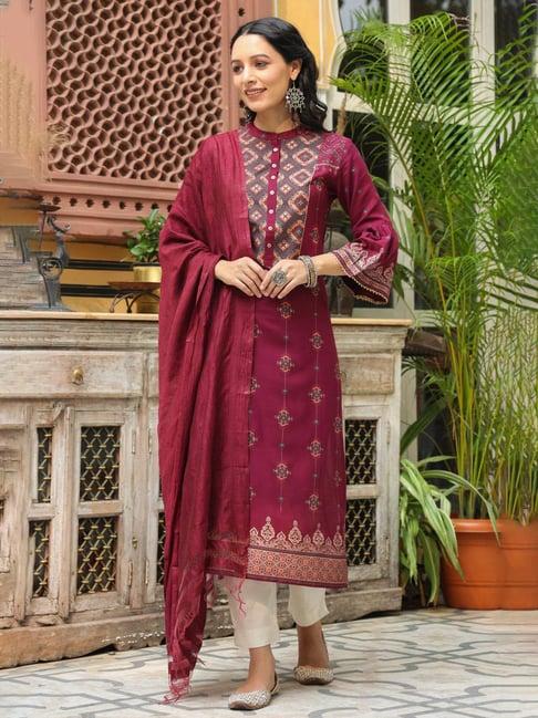 juniper wine ethnic motif printed rayon straight kurta & dupatta set with buttons