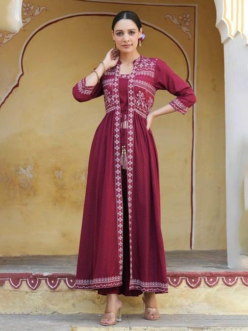 juniper maroon ethnic motif printed rayon jacket style kurta & pants set