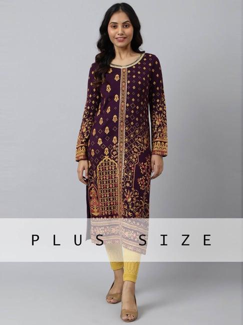 aurelia purple floral print straight kurta