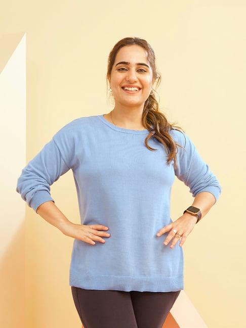 blissclub blue at-ease cotton knit top - full sleeves