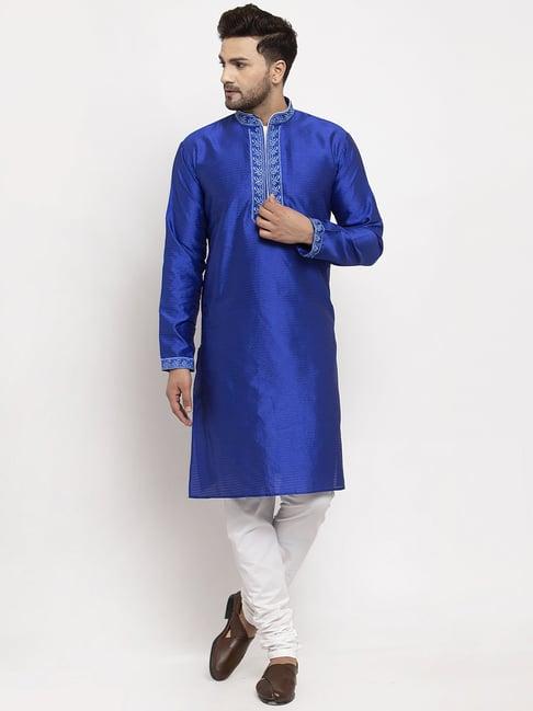 benstoke royal blue & white regular fit embroidered kurta set