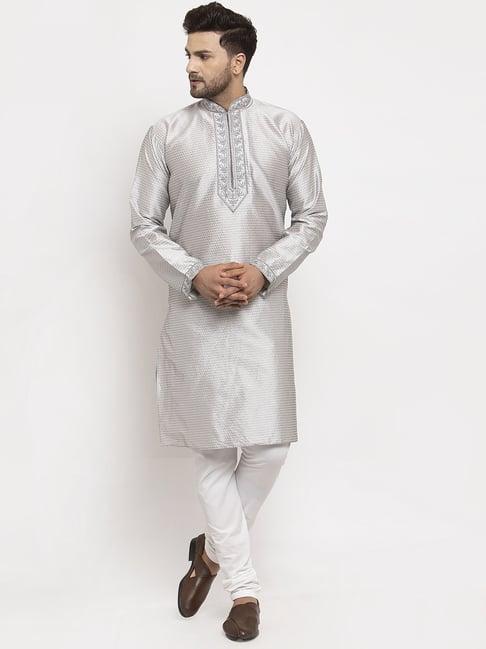 benstoke grey & white regular fit embroidered kurta set