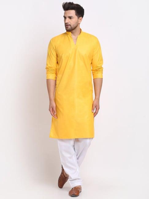 benstoke yellow & white cotton regular fit kurta set