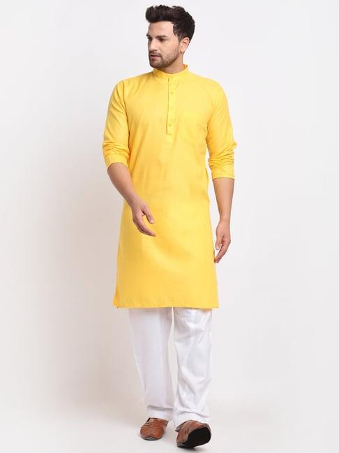 benstoke yellow & white cotton regular fit kurta set