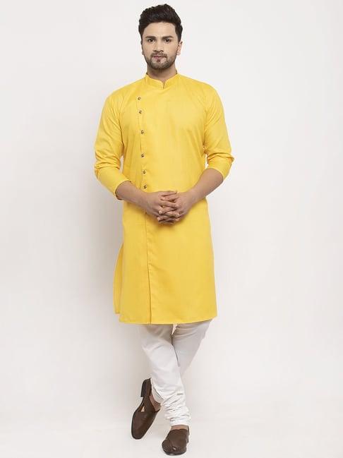 benstoke yellow & white cotton regular fit kurta set