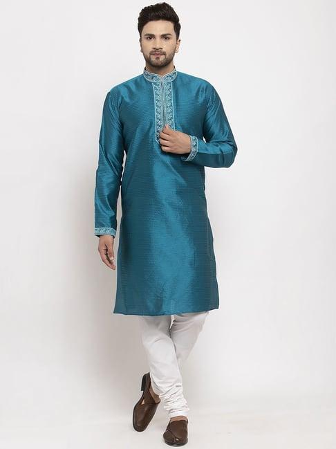 benstoke peacock blue & white regular fit embroidered kurta set