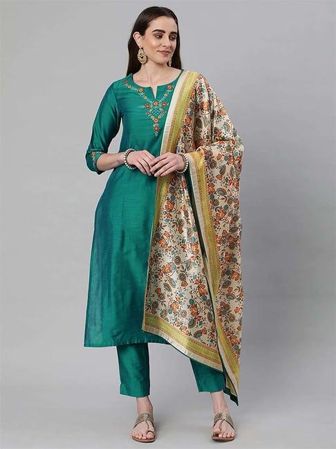 kami kubi green embroidered kurta pant set with dupatta