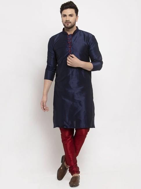 benstoke navy blue & maroon regular fit kurta set