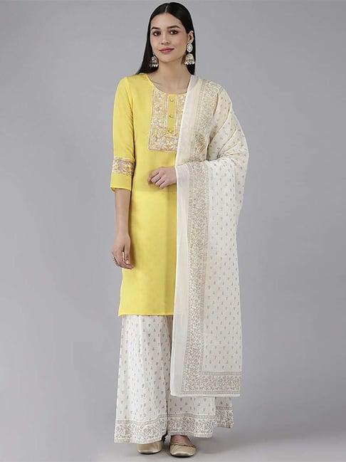 yufta yellow embellished kurti palazzo set with dupatta